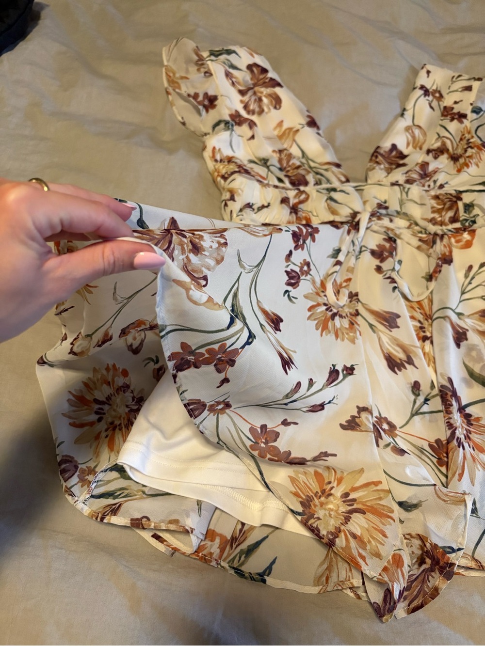 Lulu's Cream Floral Ruffle V-Neck Romper - Picture 4 of 16